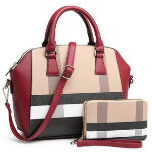 Plaid Handbag and Wallet-Burgundy